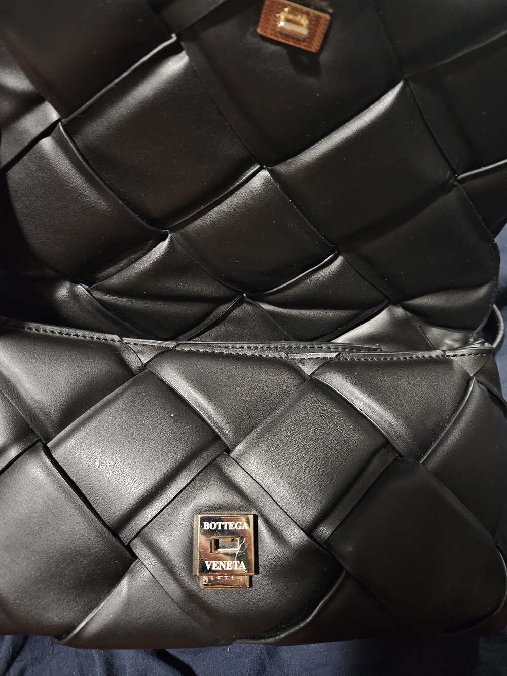 Bottega Veneta Black Padded Intrecciato Leather Shoulder Bag with Gold Plaque